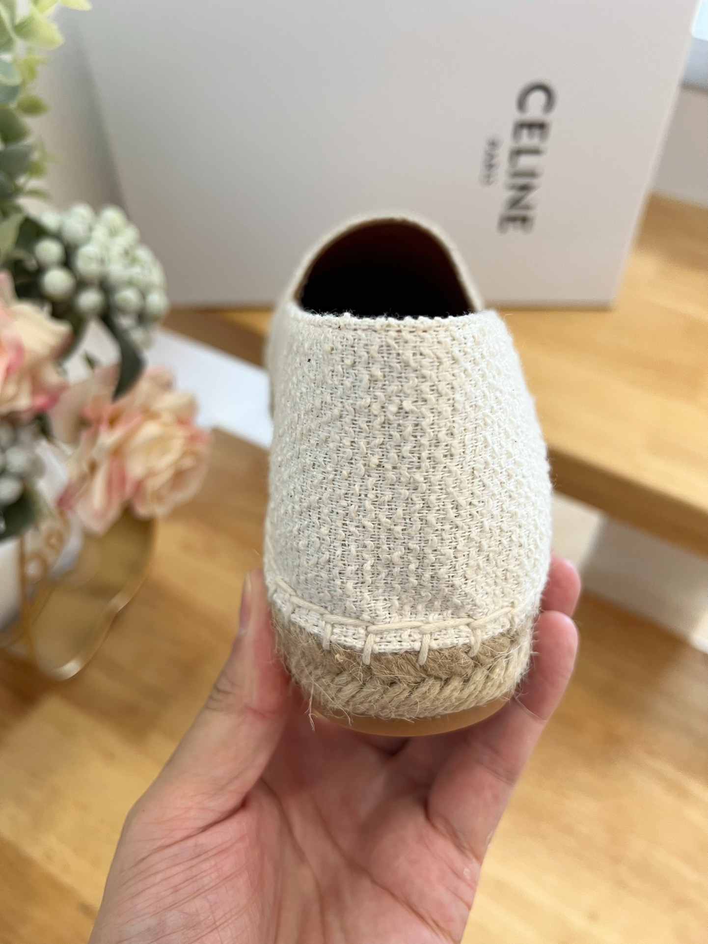 Ce1i*e Flat Espadrille With Triomphe Patch Signature In Tweed White For Women