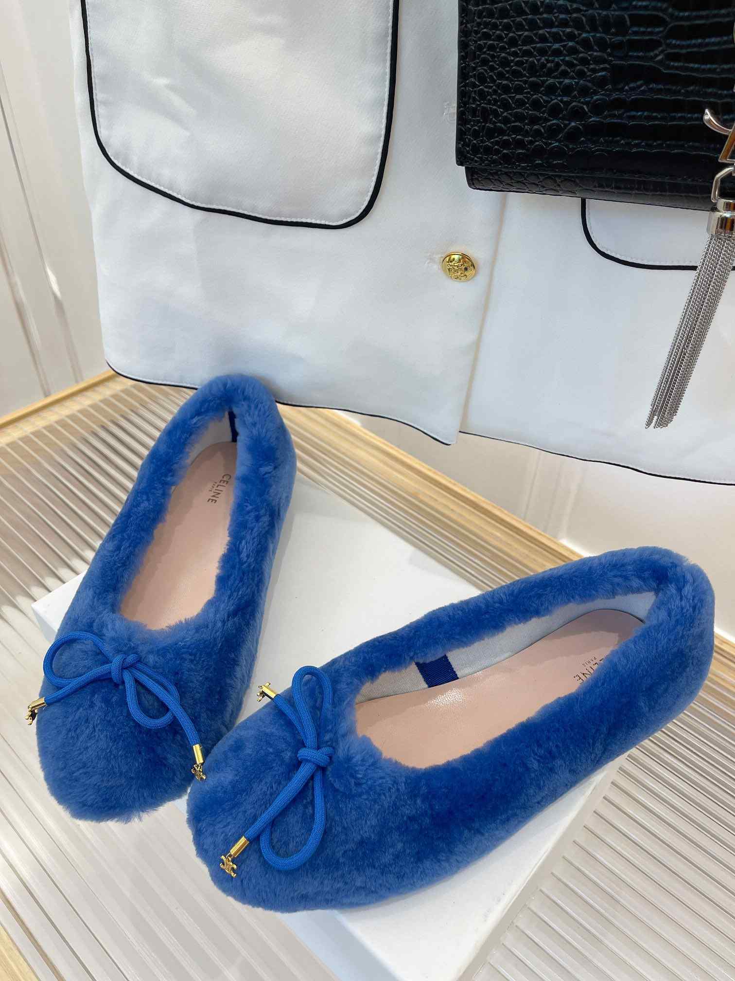 Ce1i*e Les Ballerines Ce1i*e Ballerina With Triomphe Laces And Fur Blue For Women