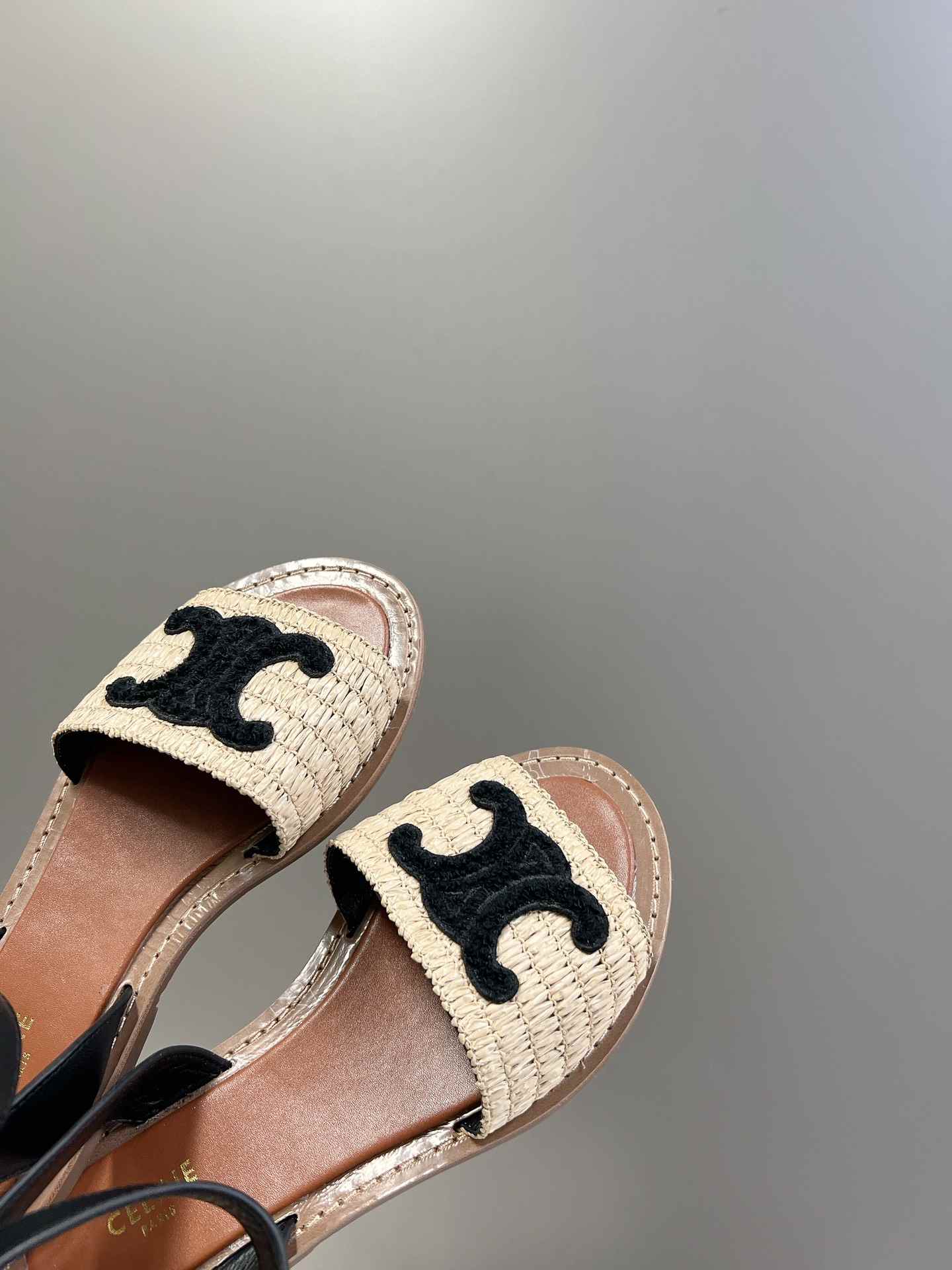 Ce1i*e Lympia Flat Strap Sandal In Raffia Black For Women 352402248C.02BL
