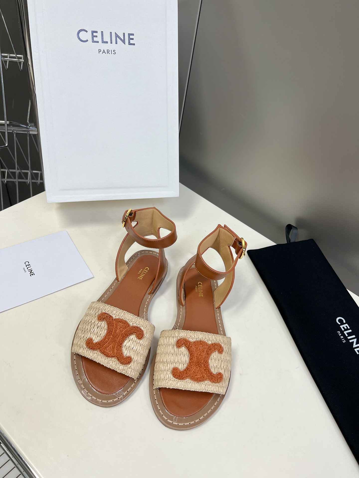 Ce1i*e Lympia Flat Strap Sandal In Raffia Brown For Women