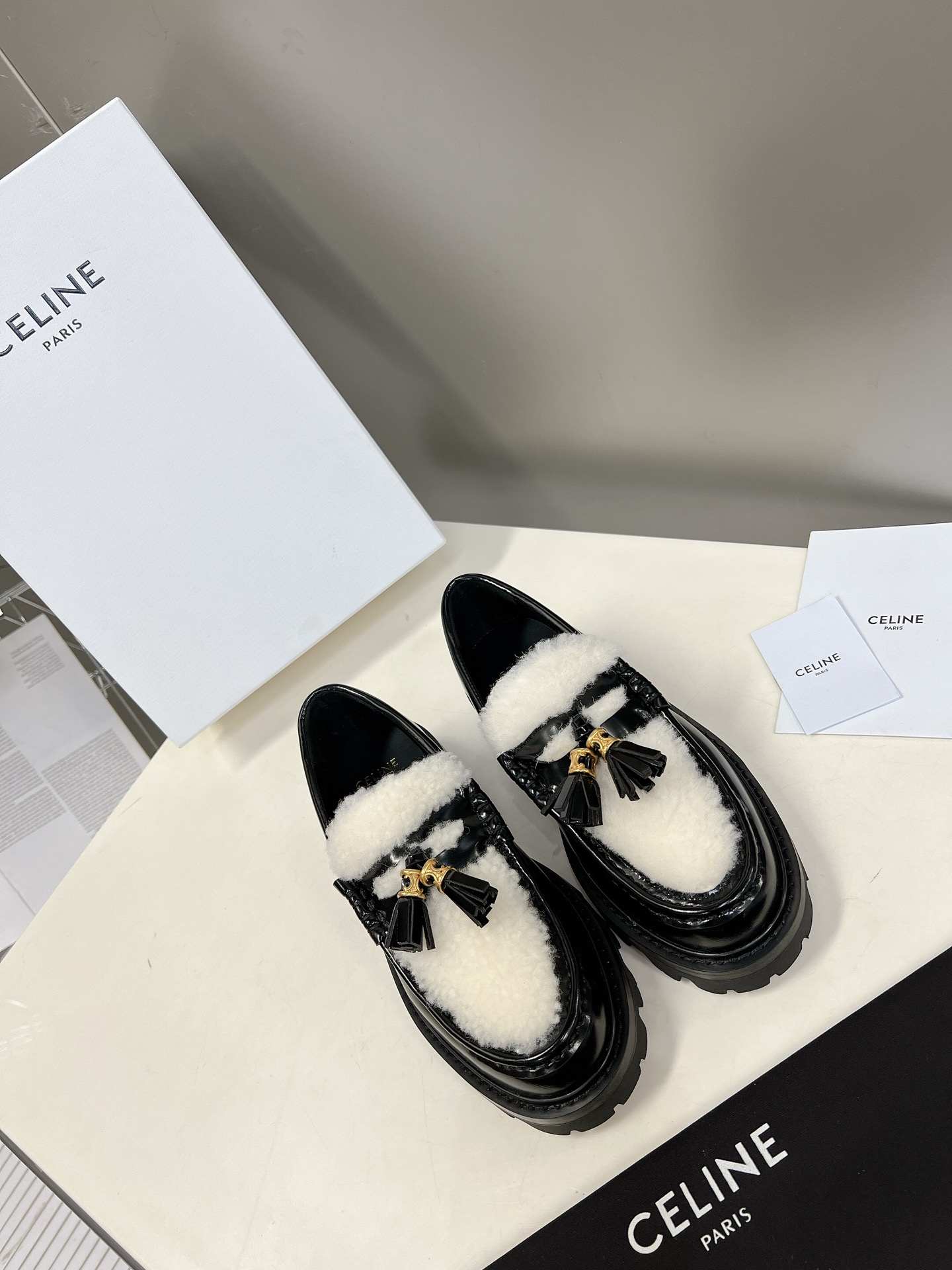 Ce1i*e Margaret Fur Loafer With Tassels Black For Women