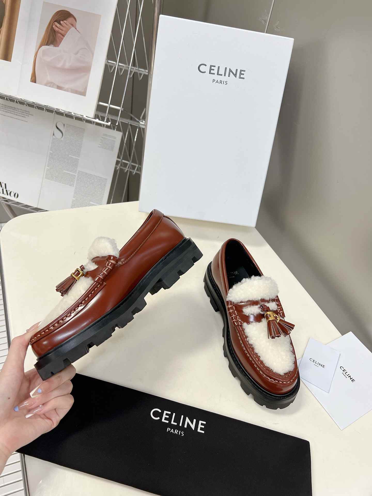Ce1i*e Margaret Fur Loafer With Tassels Burgundy For Women