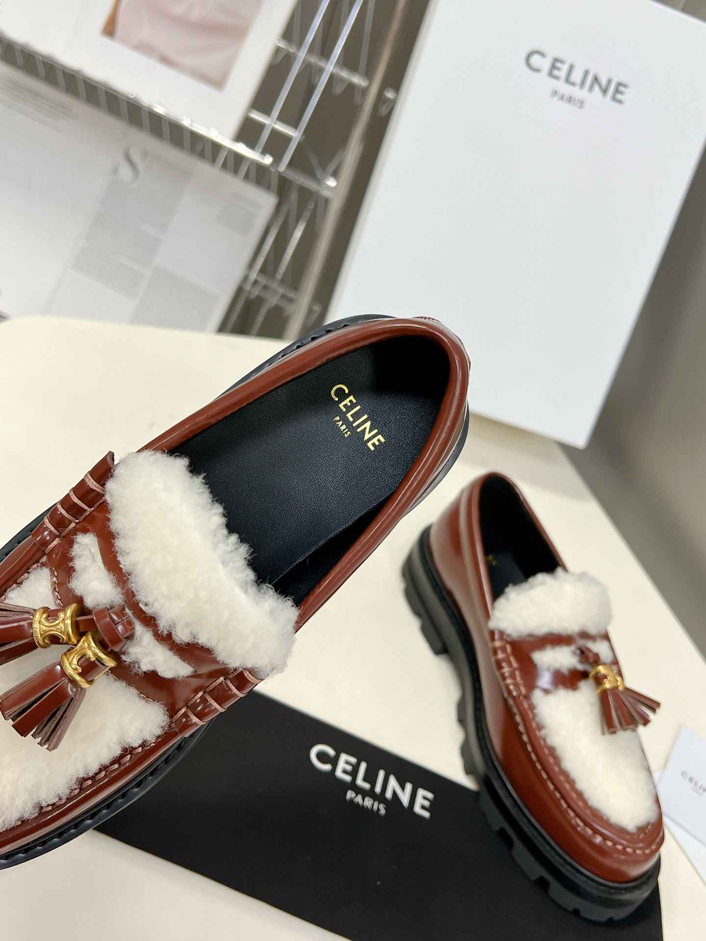 Ce1i*e Margaret Fur Loafer With Tassels Burgundy For Women