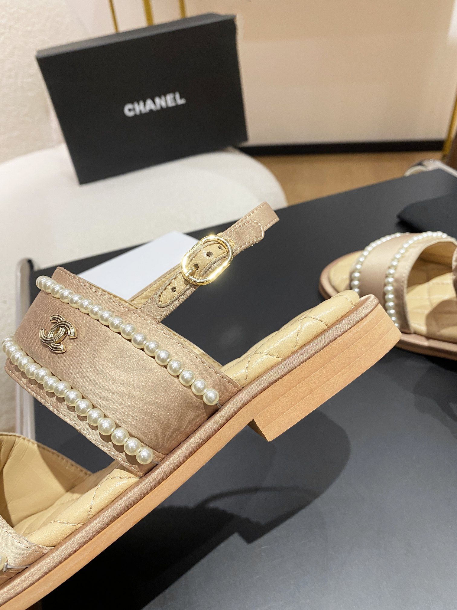 Ch**el Pearl Flat Sandals Brown For Women
