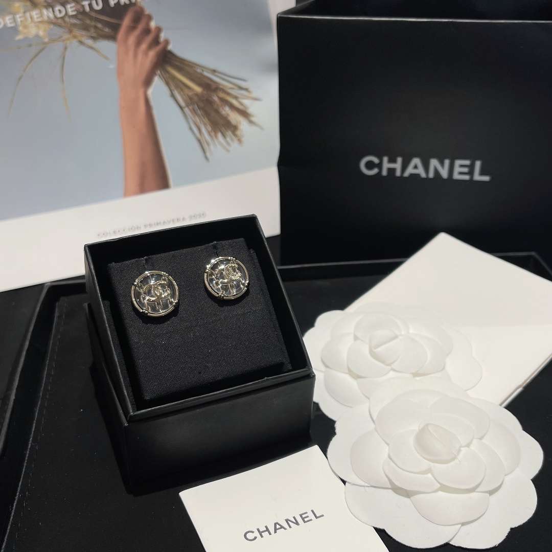 Ch**el Round Button Plastic Earrings Silver For Women