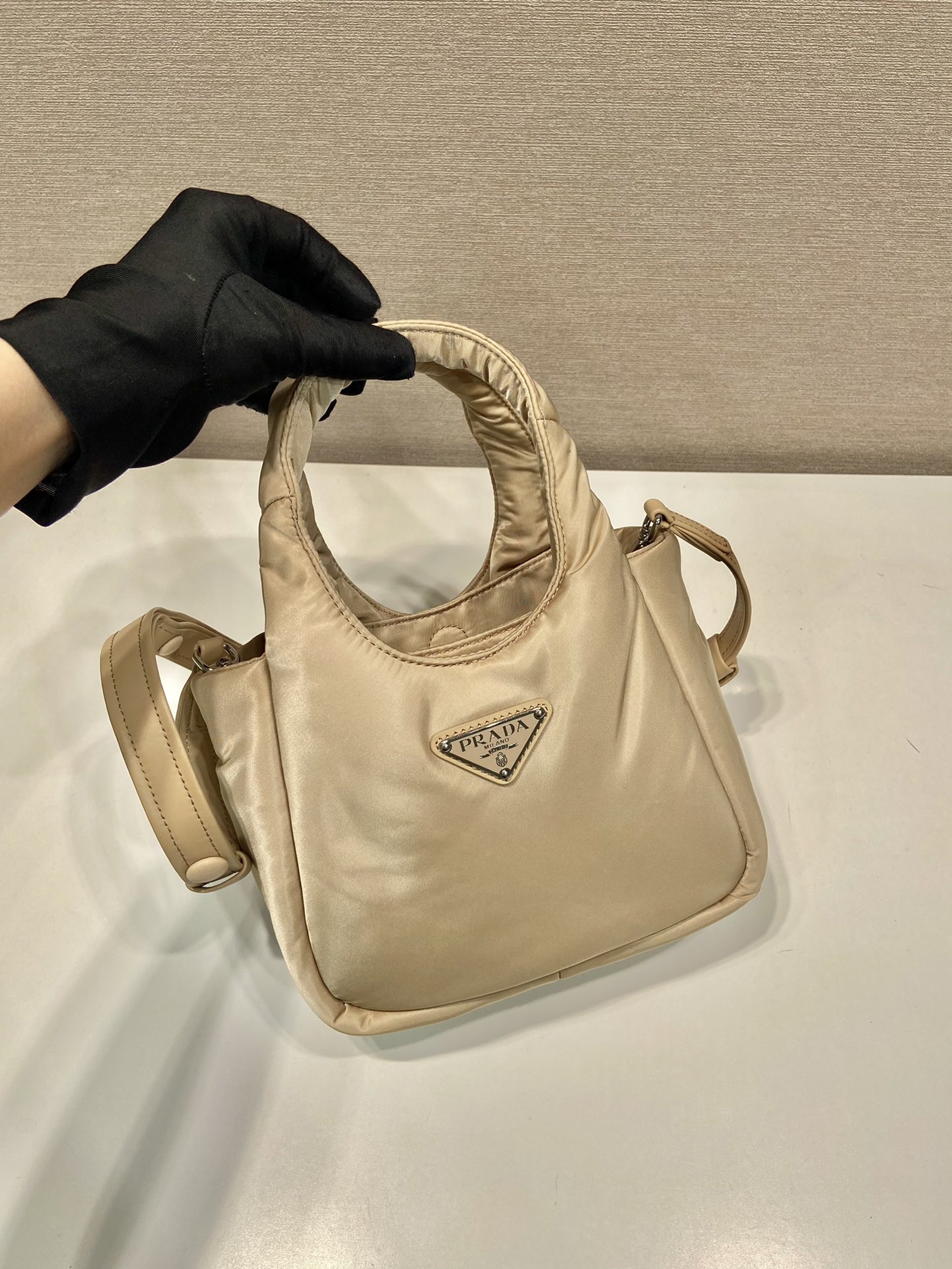 Pra*a Soft Padded Re-Nylon Mini-Bag White/Pink/Beige For Women 7.1in/18cm 1BA359_RCCJ_F0009_V_OVM