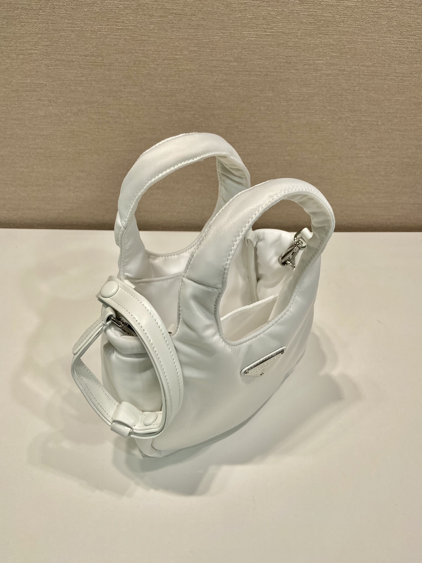 Pra*a Soft Padded Re-Nylon Mini-Bag White/Pink/Beige For Women 7.1in/18cm 1BA359_RCCJ_F0009_V_OVM