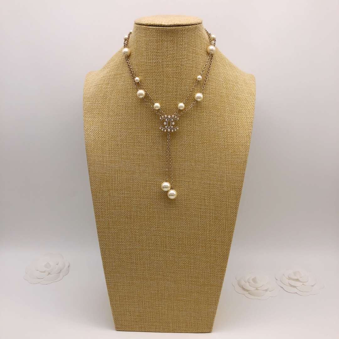 Ch**el Pearl Double C Rice Beads Large And Small Necklace Gold For Women