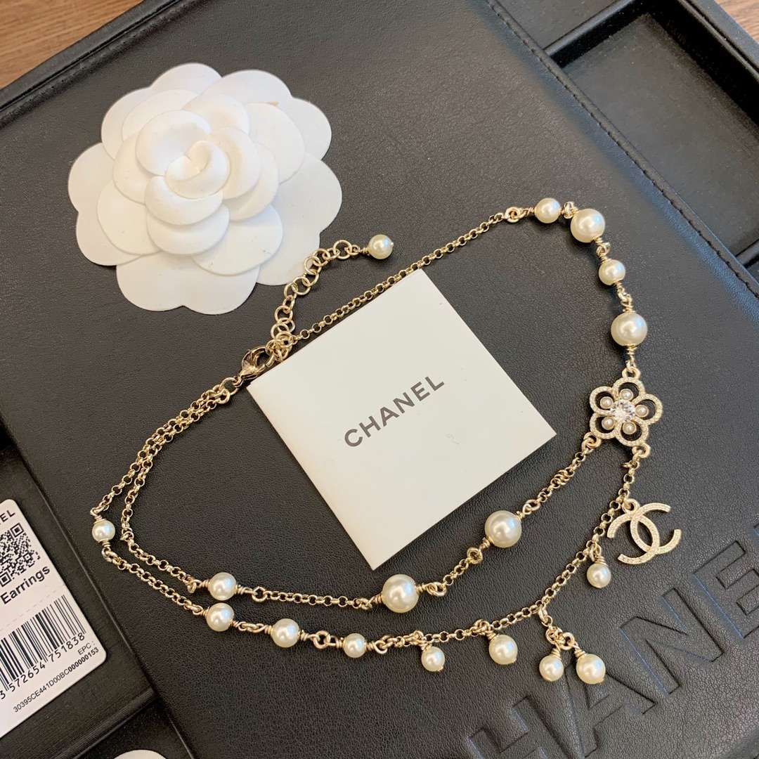 Ch**el Camellia Pearl Necklace Gold For Women