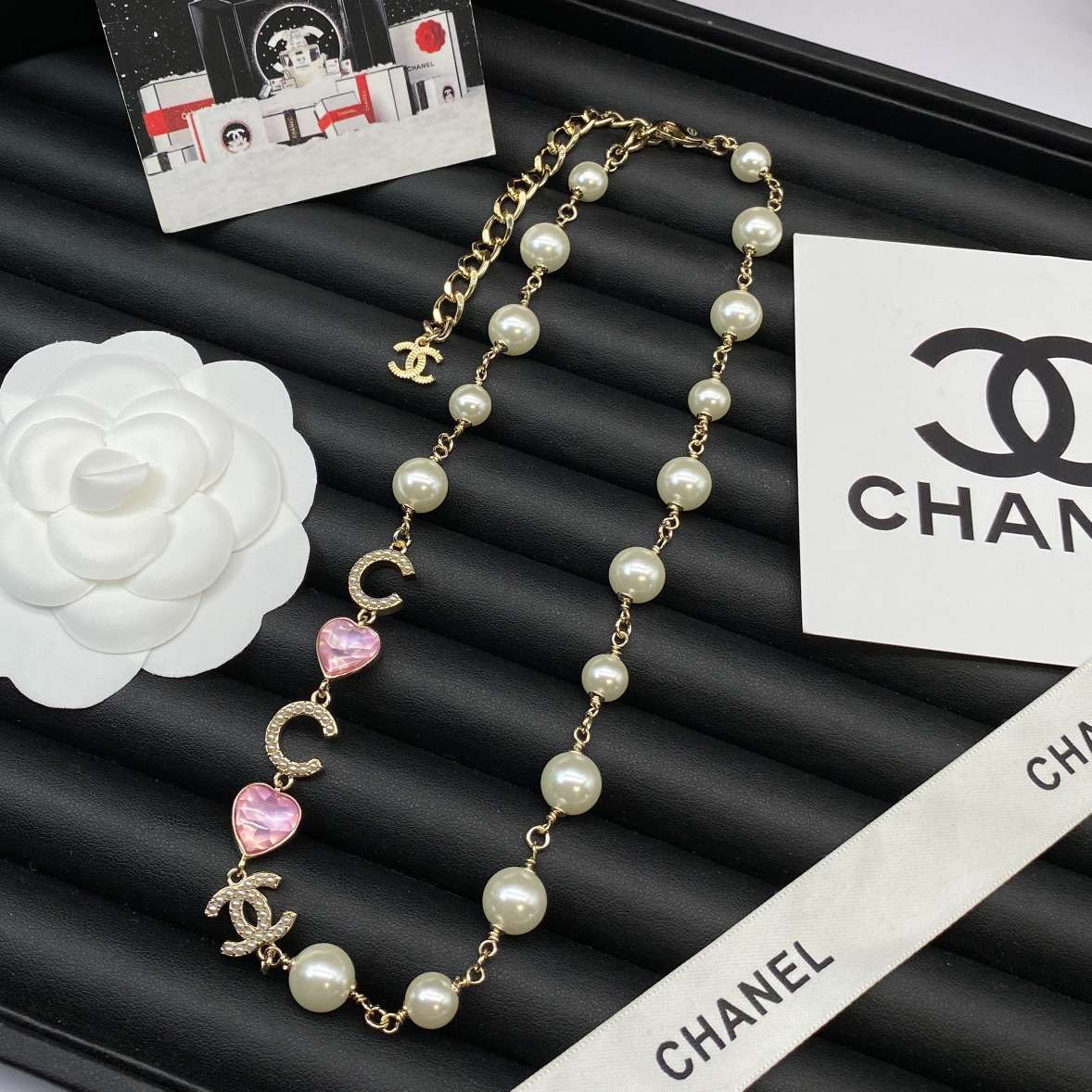 Ch**el Pearl Crystal Necklace Gold For Women