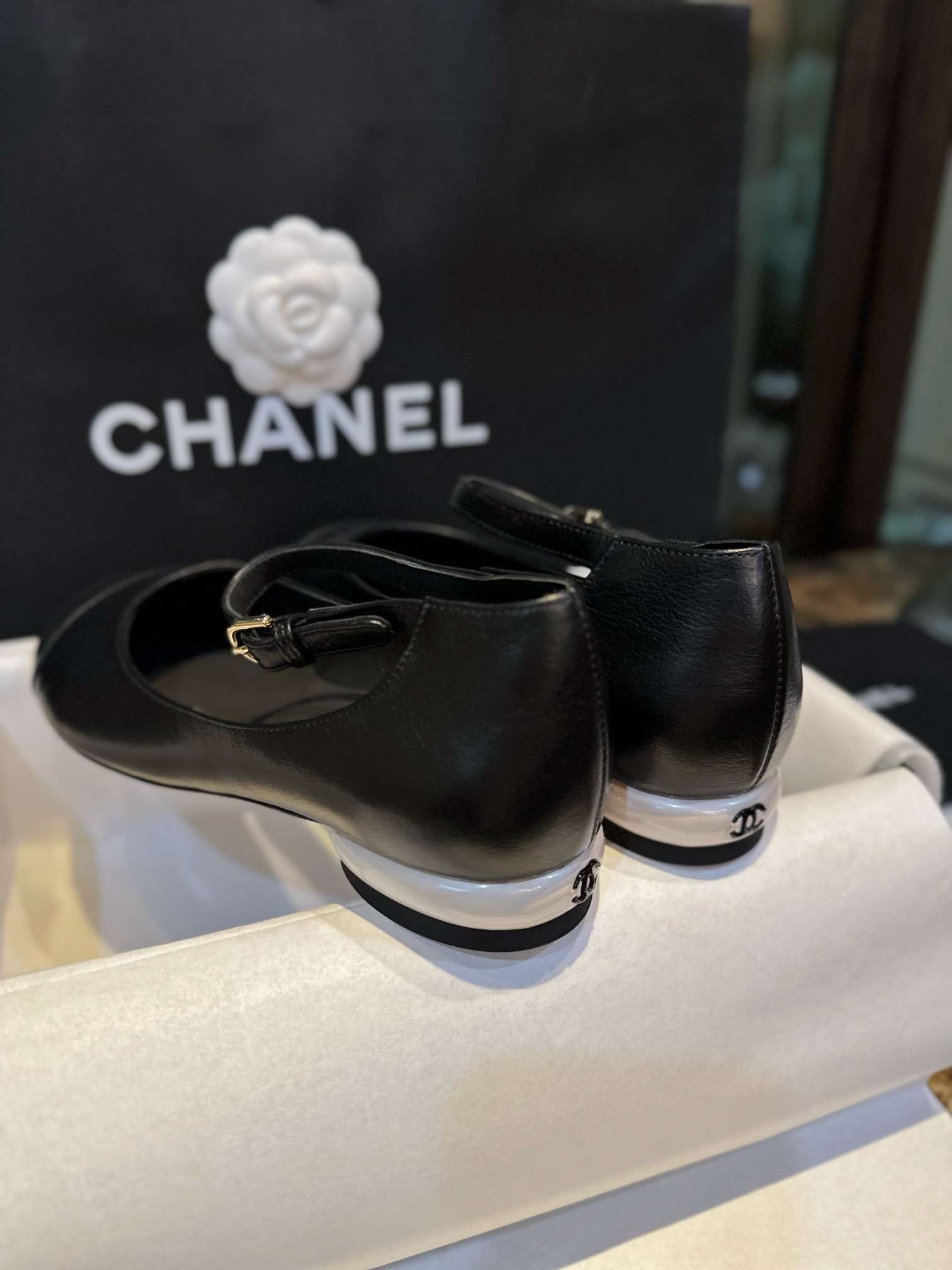 Ch**el Mary Jane Flats Pearl Black For Women