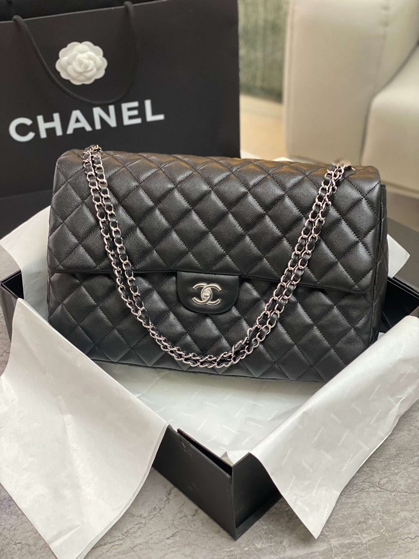Ch**el Maxi Jumbo XL Classic Bag Black For Women 35cm/13.8in