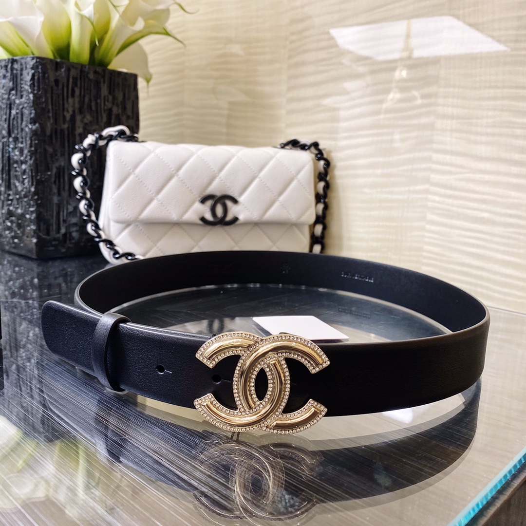 Ch**el Mini Stone Interlocking C Buckle Belt Black For Women