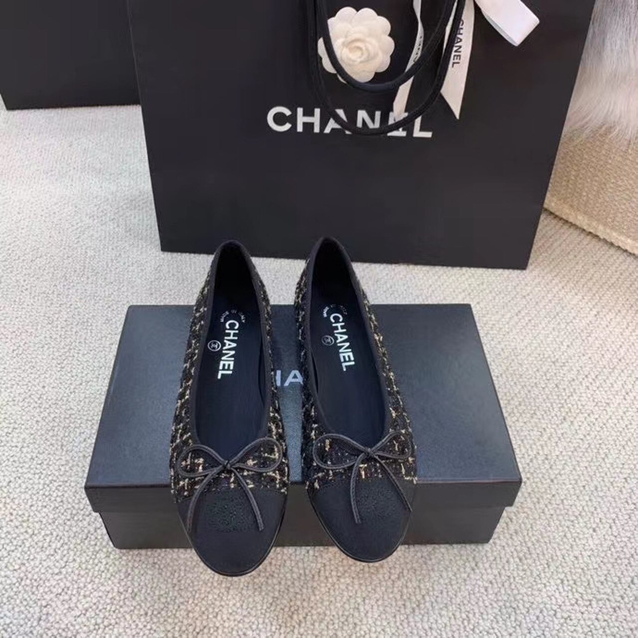 Ch**el Ballerina Flats Tweed Black/Gold For Women, Women’s Shoes G02819 K4311