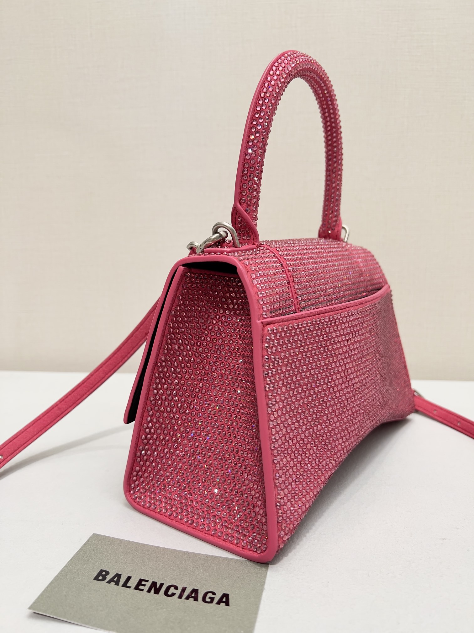 [True-to-ORIGINAL] Ba1en*iaga Furry Hourglass Small Handbag With Rhinestones In Pink For Women 24cm/9.4in