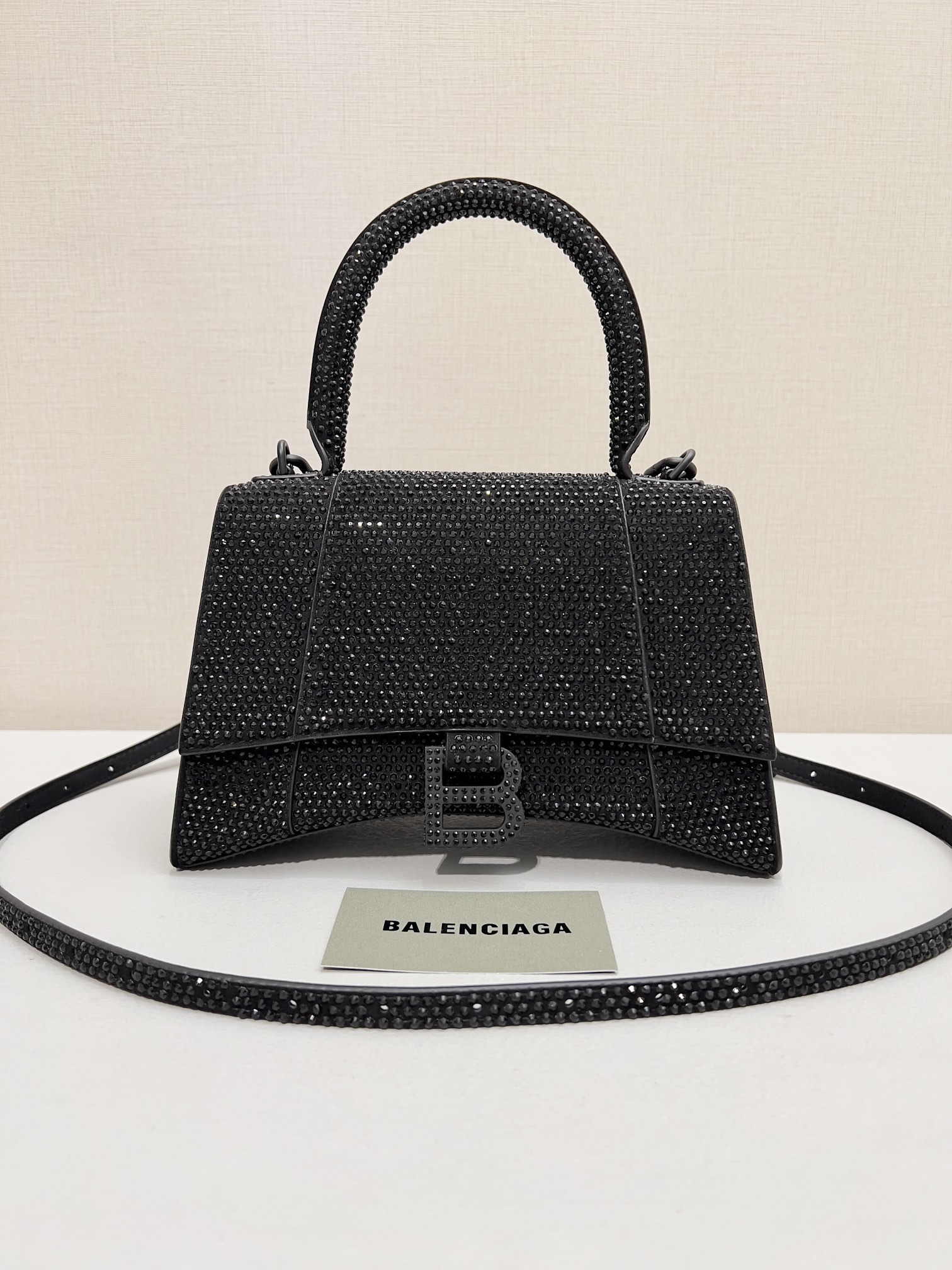 [True-to-ORIGINAL] Ba1en*iaga Furry Hourglass Small Handbag With Rhinestones In Black For Women 24cm/9.4in