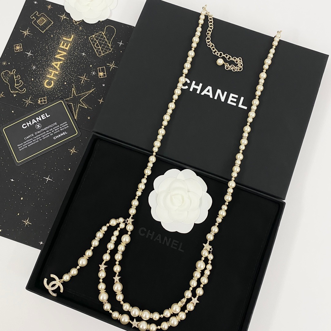 Ch**el Pearl Chain With Crystal Logo Charm Gold For Women