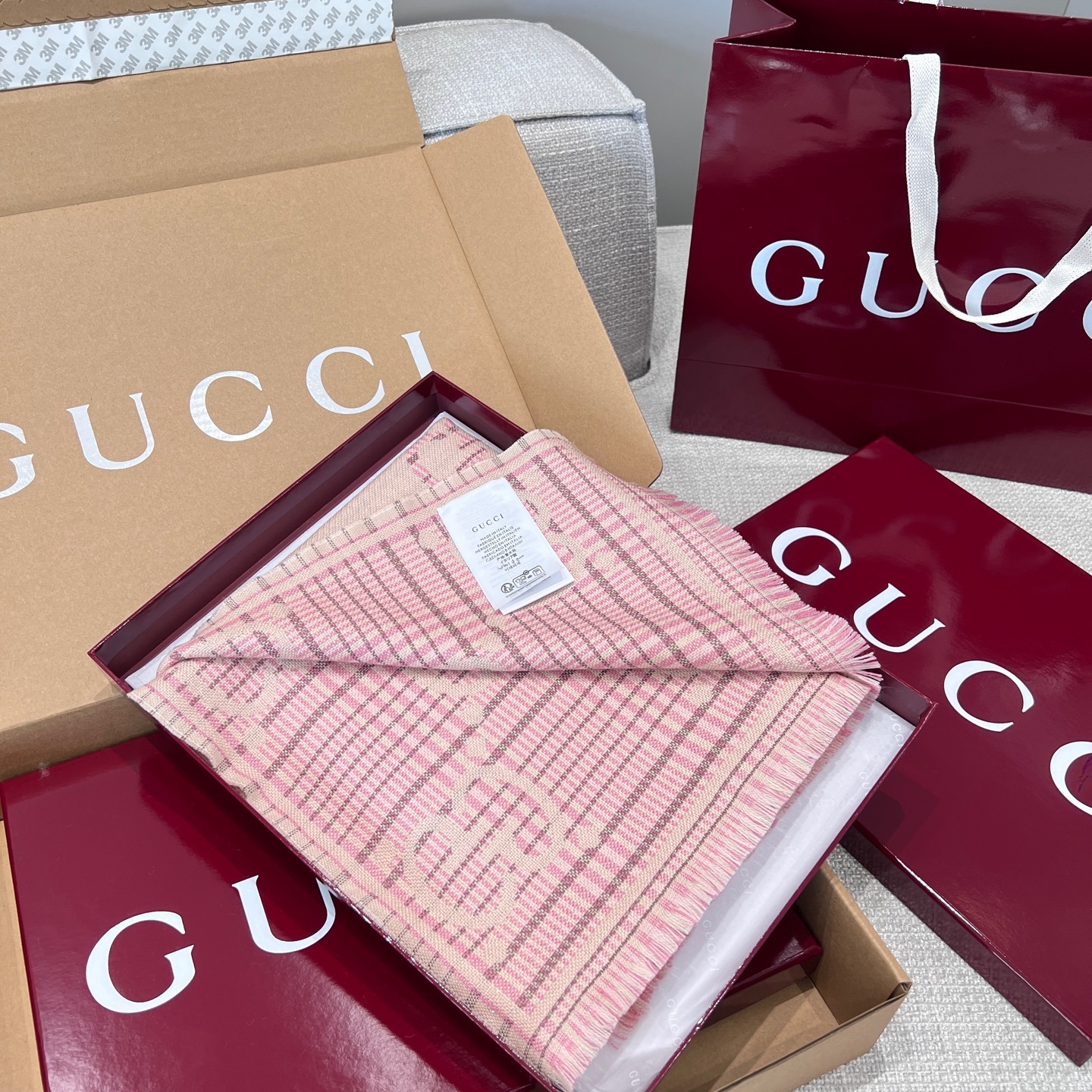 Gvc*1 Check GG Scarf Ivory And Pink 70.8in/180cm 774419 3GAMQ 9272