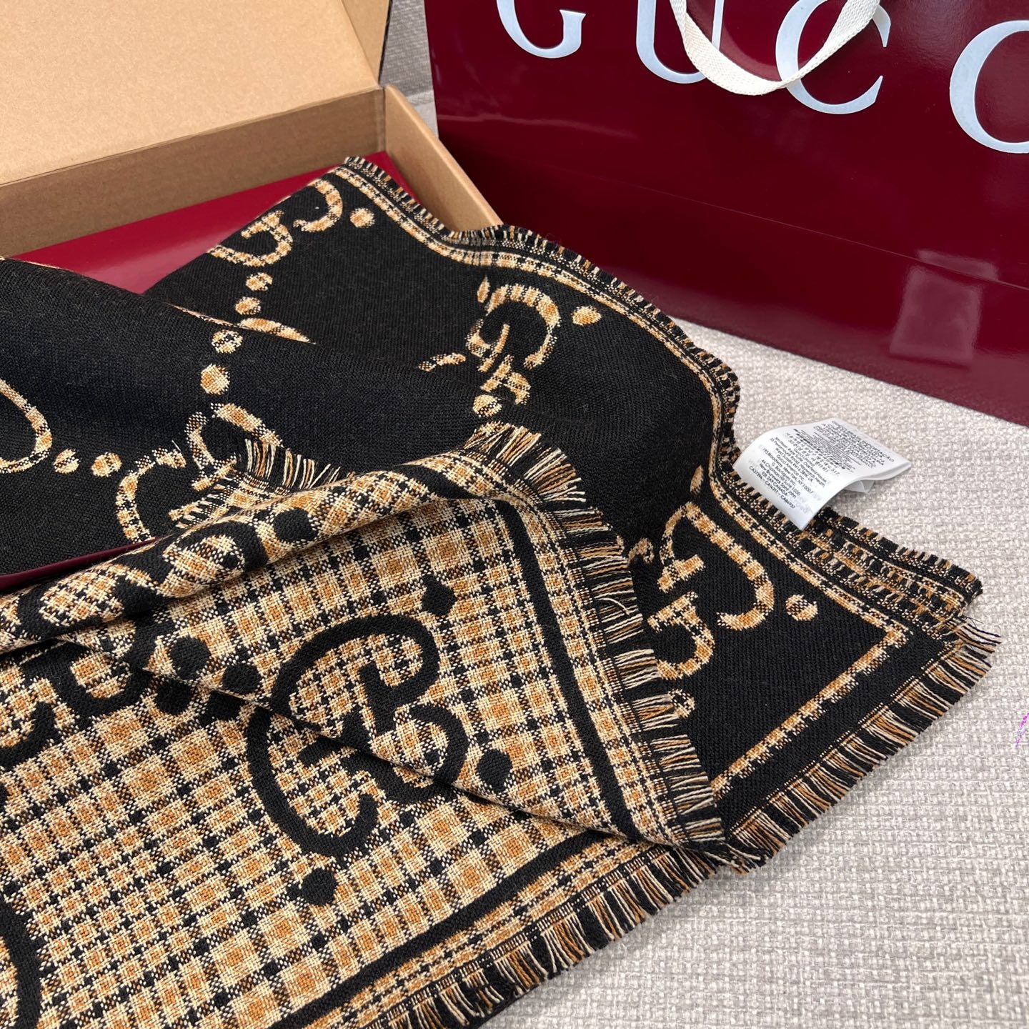 Gvc*1 Check GG Scarf Black And Beige 70.8in/180cm 660025 4G386 1079