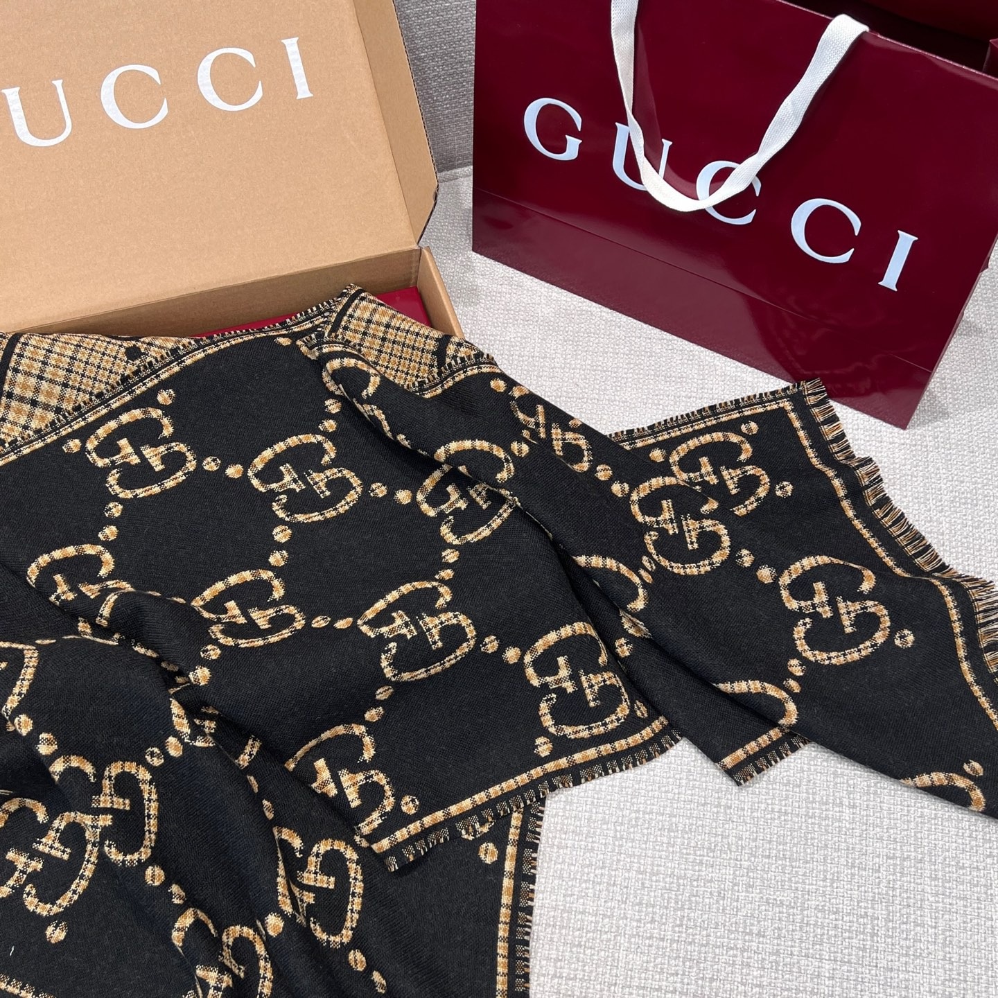 Gvc*1 Check GG Scarf Black And Beige 70.8in/180cm 660025 4G386 1079