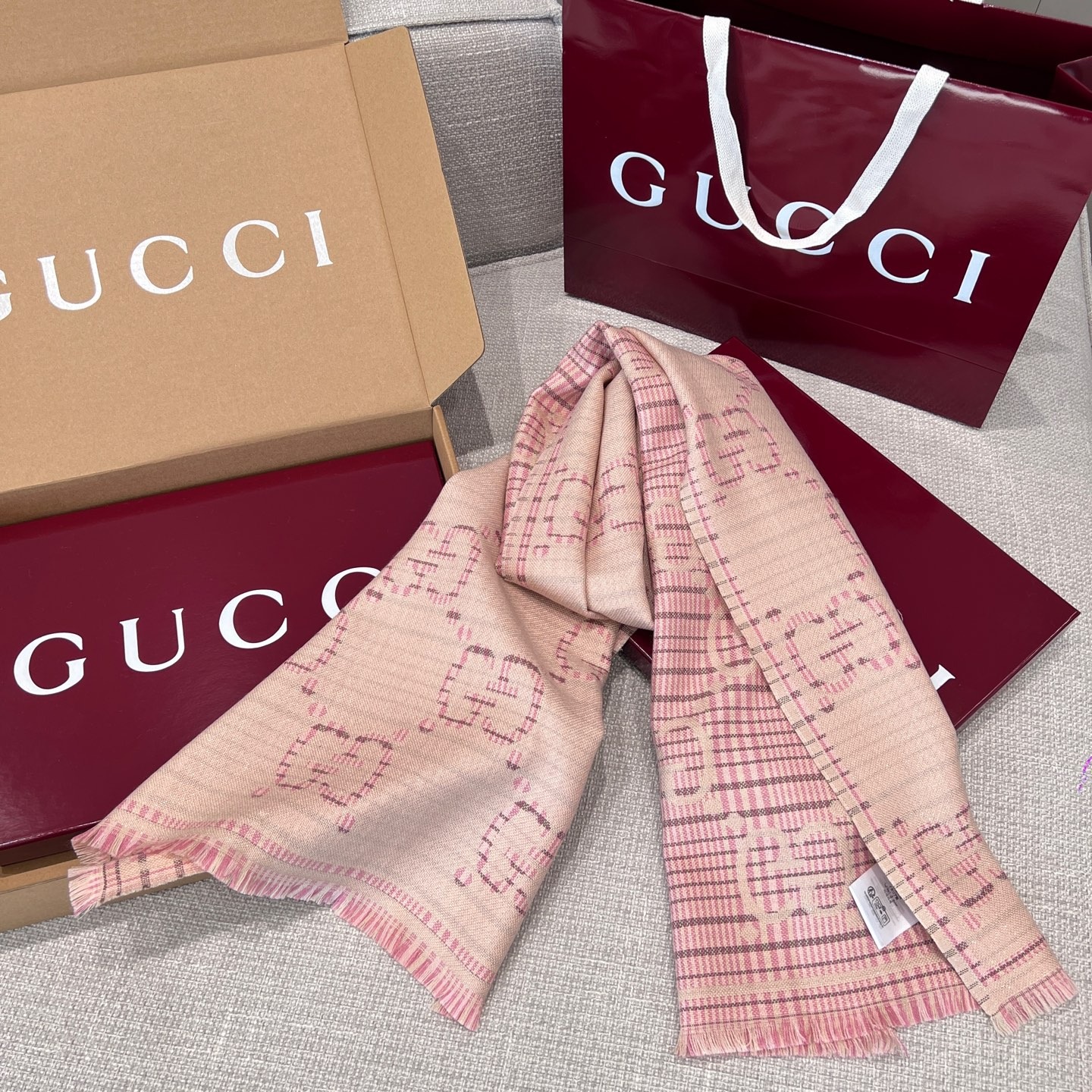Gvc*1 Check GG Scarf Ivory And Pink 70.8in/180cm 774419 3GAMQ 9272