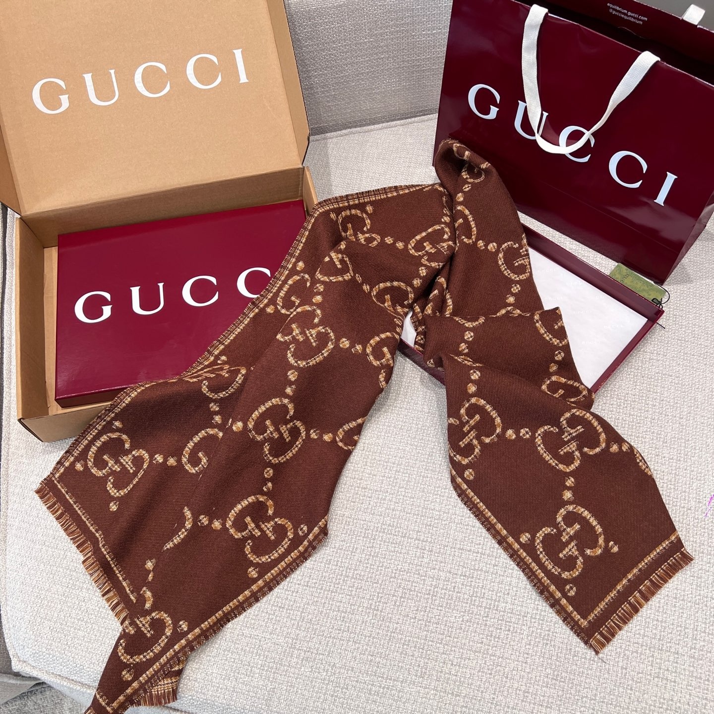 Gvc*1 GG Scarf Brown And Beige 71in/180cm 660025 4G386 2579