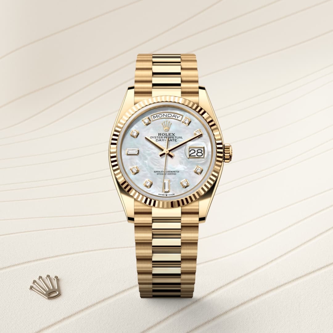 R01ex Day-Date 36 Watch Gold Toned White Pearl Dial 36mm For Men 128238-0011