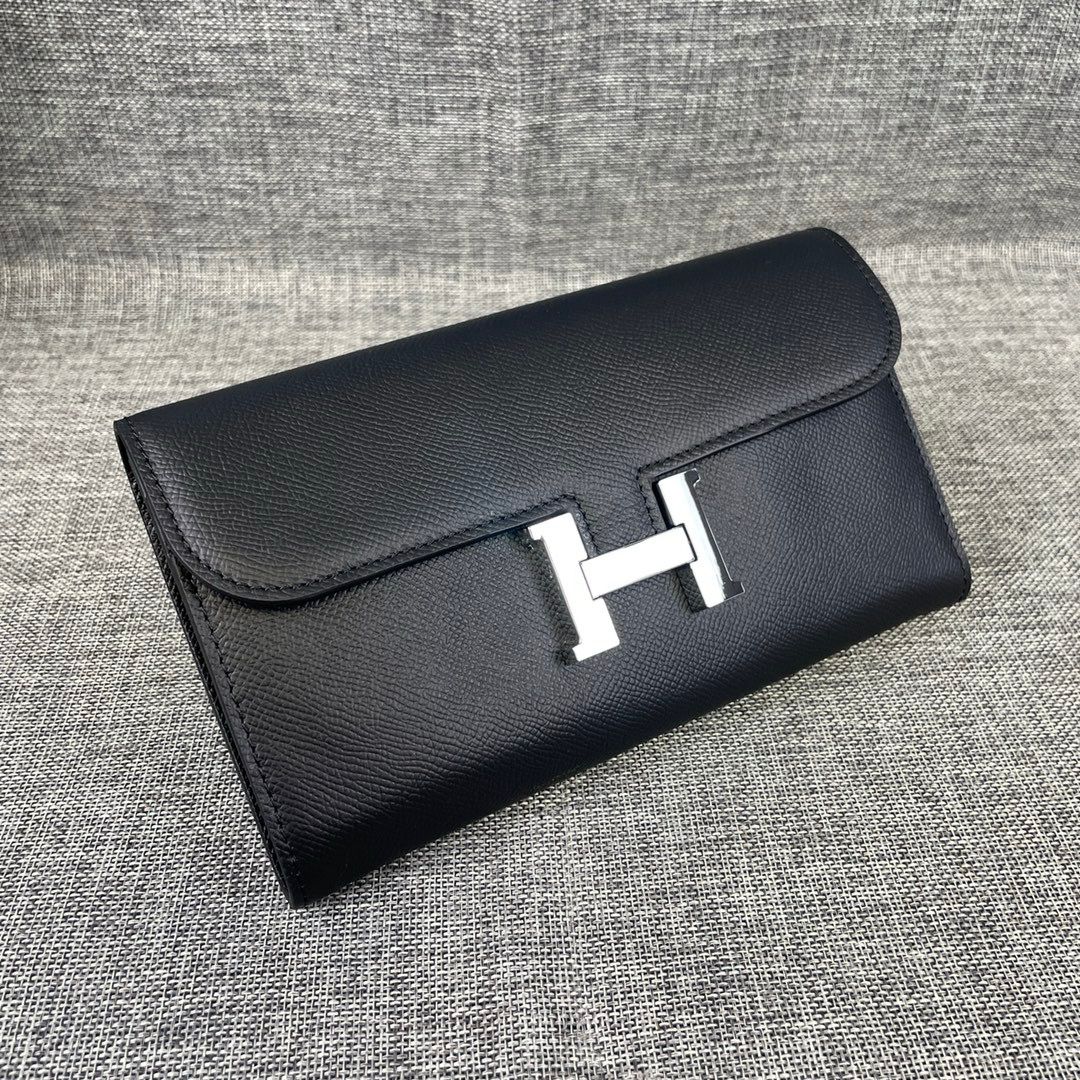 H**me5 Constance Togo Long Wallet 20cm/7.9in Silver Toned Hardware For Women Black