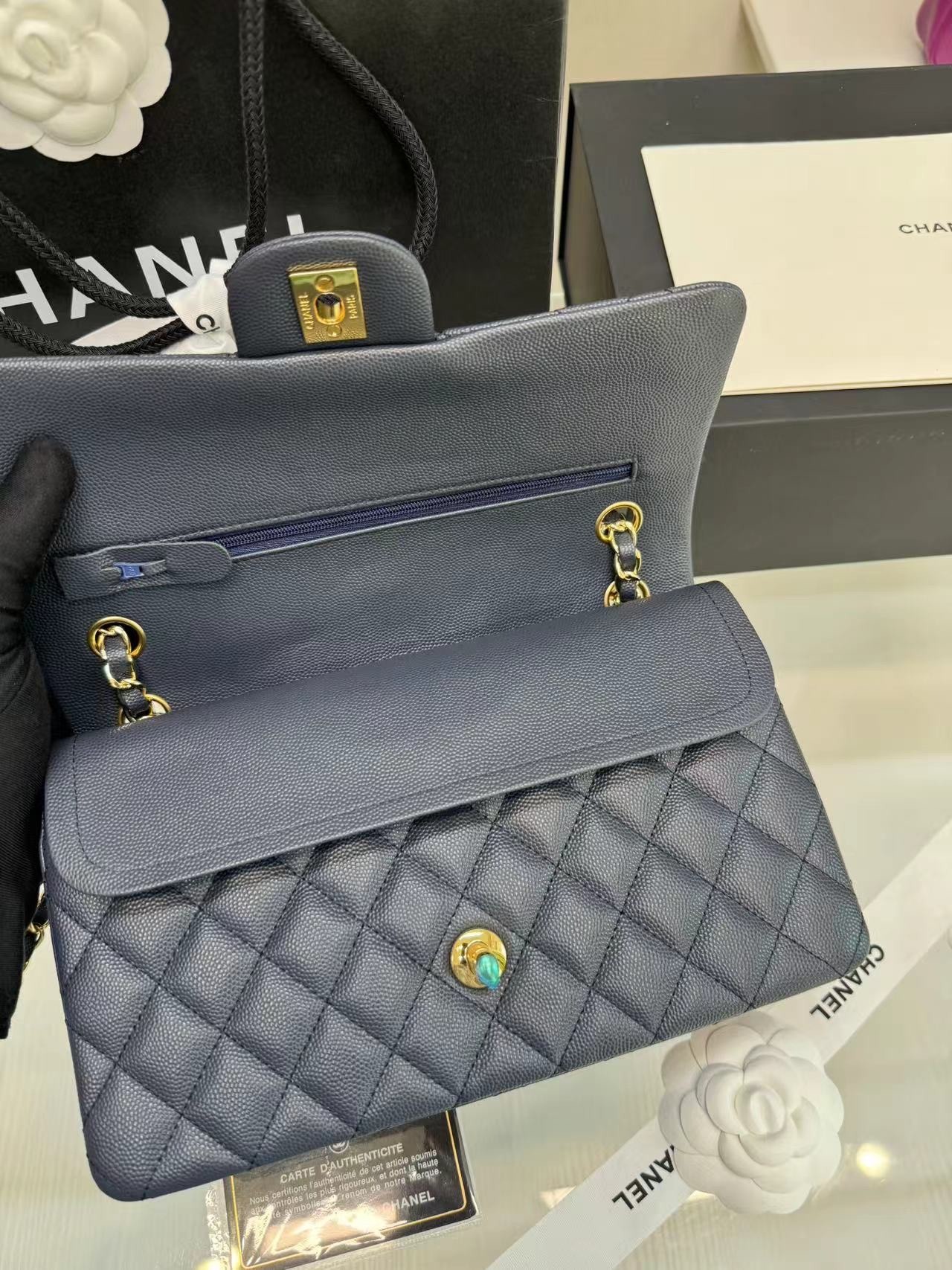 [True-to-ORIGINAL] Ch**el Classic 11.12 Handbag Dark Blue GOLD-toned hardware For Women A01112 B10583 NZG78