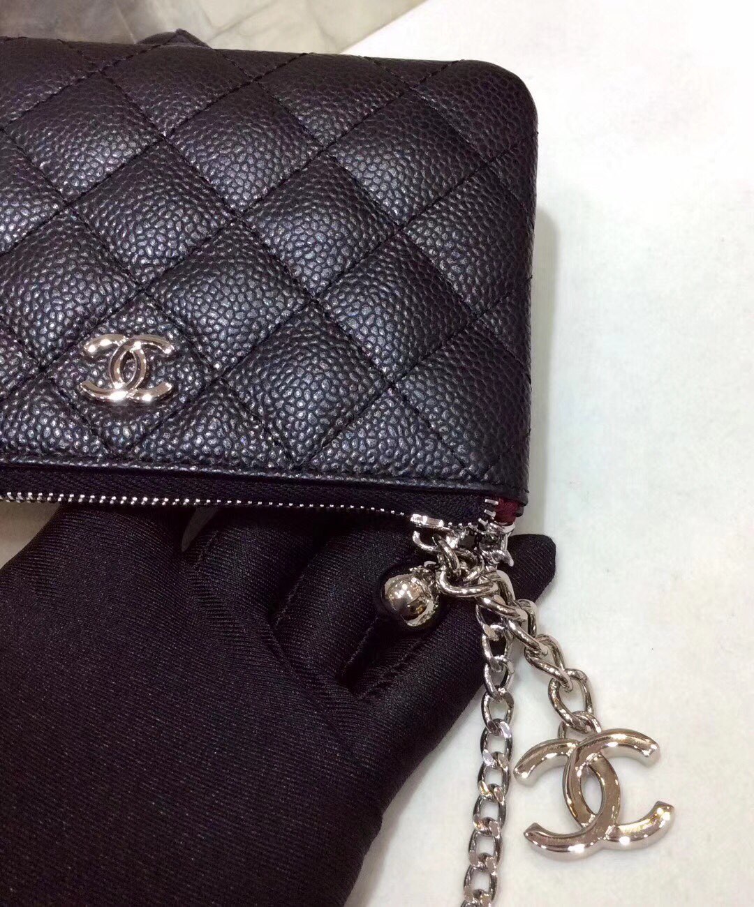 Ch**el CO-CO Classic Mini Pouch Wallet 14cm/5.5in Silver Toned Hardware For Women Black