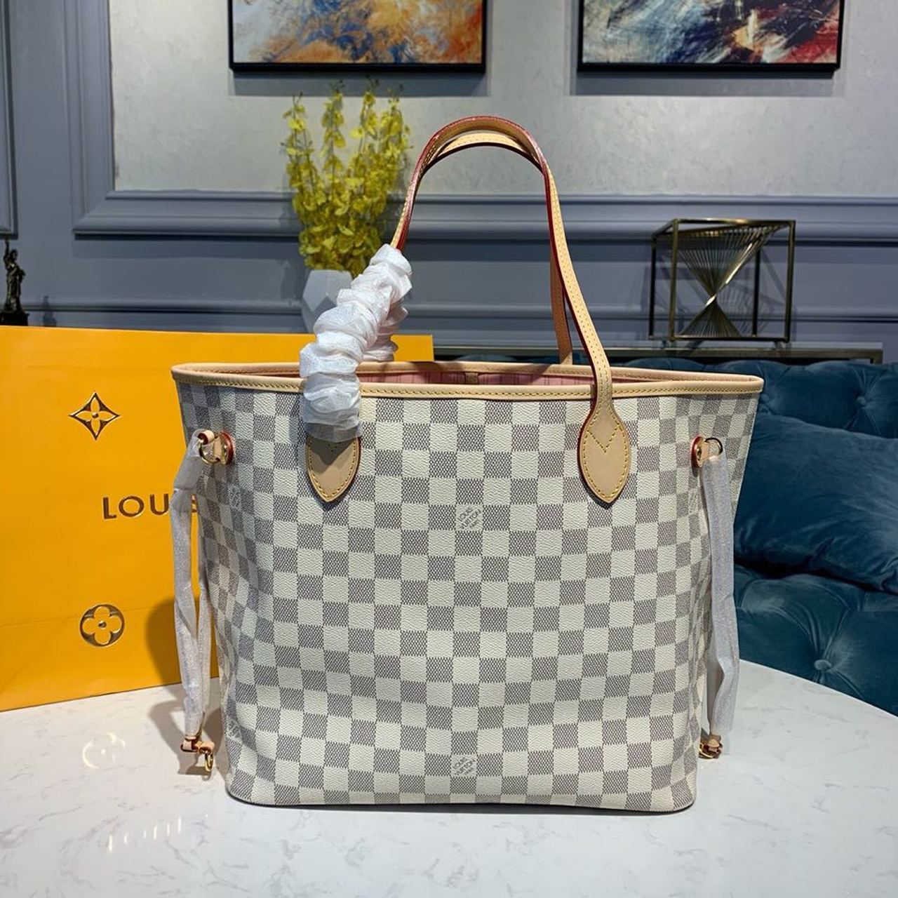 L0vis Vvtt0n Neverfull MM Tote Bag Damier Azur Canvas Rose Ballerine Pink For Women, Women’s Bags, Shoulder Bags 12.2in/31cm LV N41605