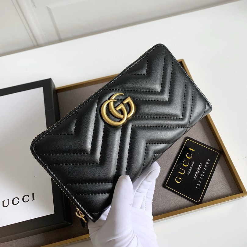Gvc*1 GG Marmont Zip Around Wallet Black For Women 7.4in/19cm 443123 DTD1T 1000