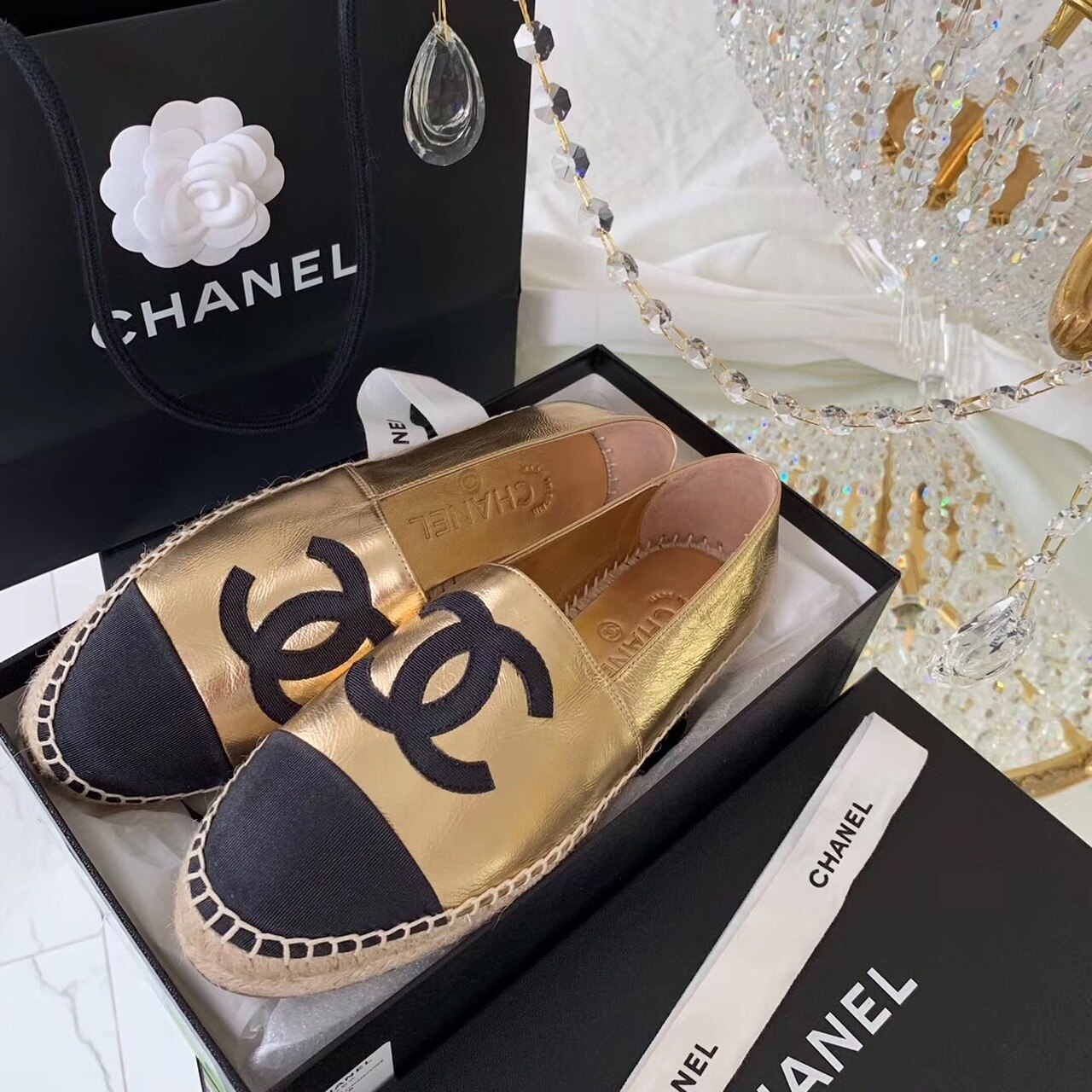 Ch**el Espadrilles Rose Gold/Black For Women, Women’s Shoes G29762