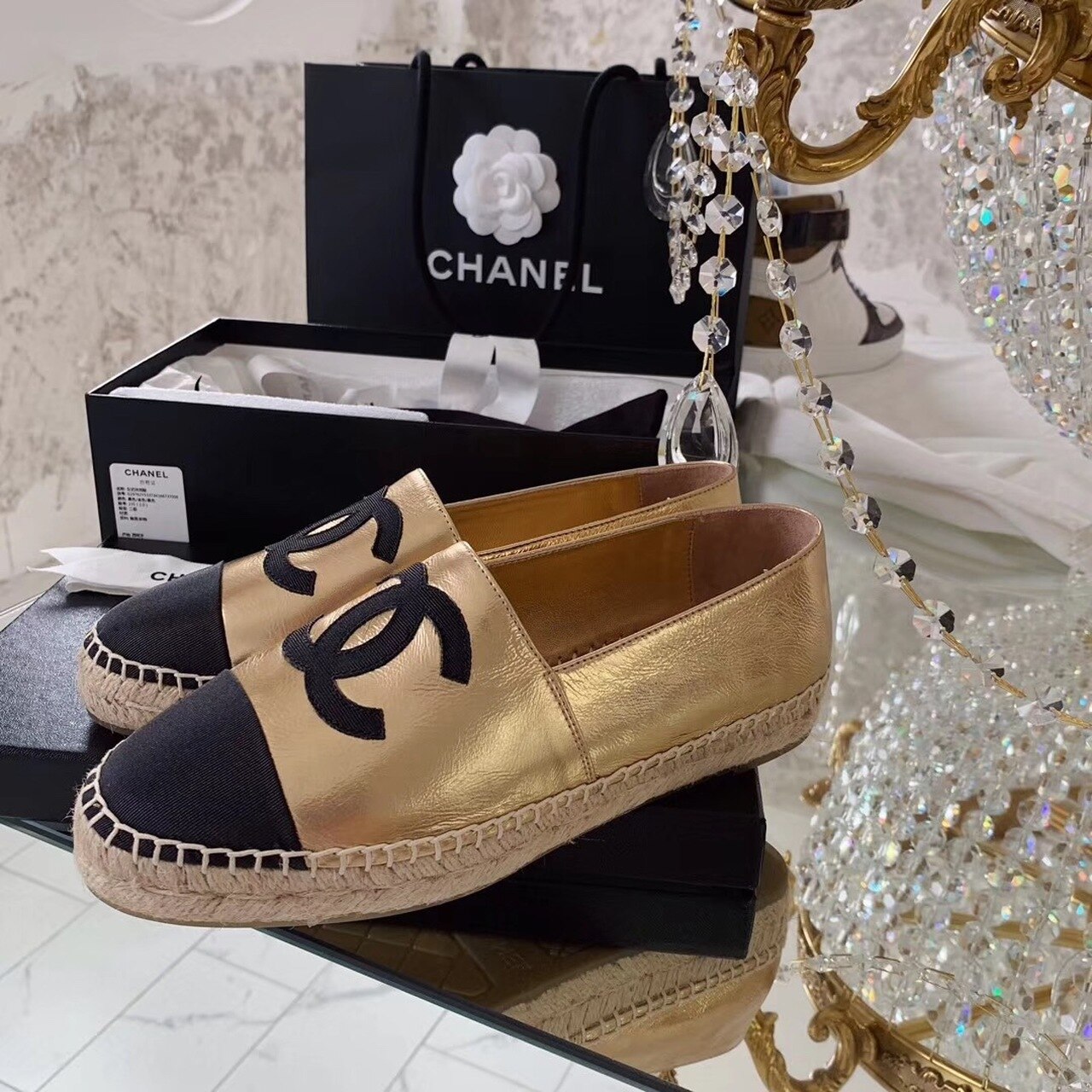 Ch**el Espadrilles Rose Gold/Black For Women, Women’s Shoes G29762