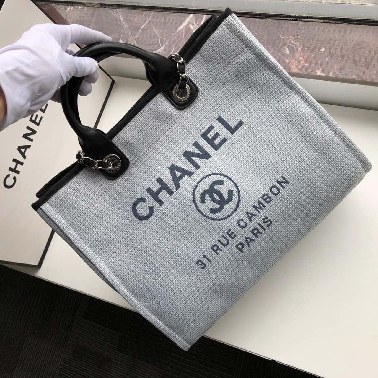Ch**el Deauville Tote 38cm White Gray For Women A66941