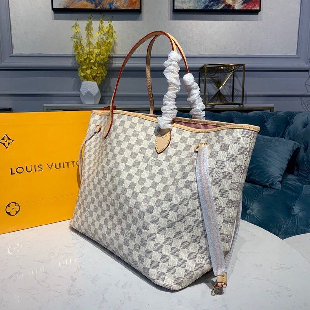 L0vis Vvtt0n Neverfull GM Tote Bag Damier Azur Canvas Rose Ballerine Pink For Women, Women’s Handbags, Shoulder Bags 15.4in/39cm LV N41604