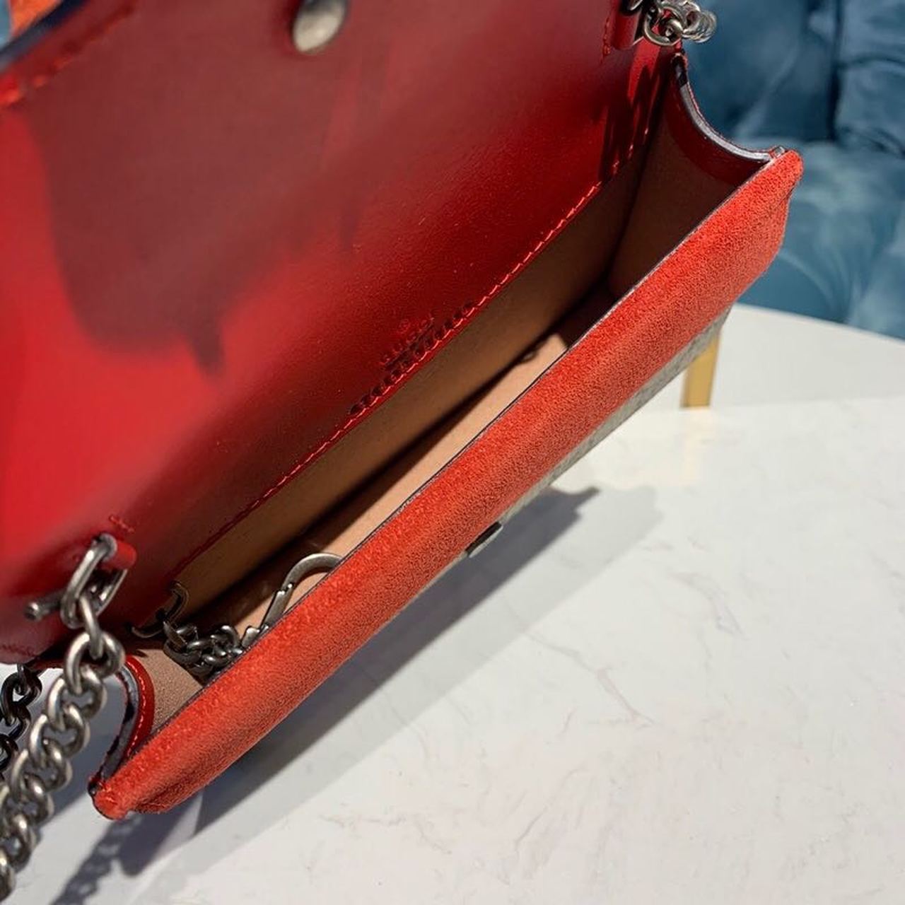 Gvc*1 Dionysus Svp*me S*per Mini Bag Beige/Ebony GG Svp*me Canvas Red Suede 6.5in/16.5cm GG 476432