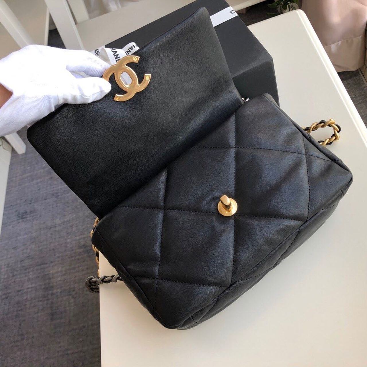 Ch**el 19 HandBag Black For Women 10.1in/26cm AS1160