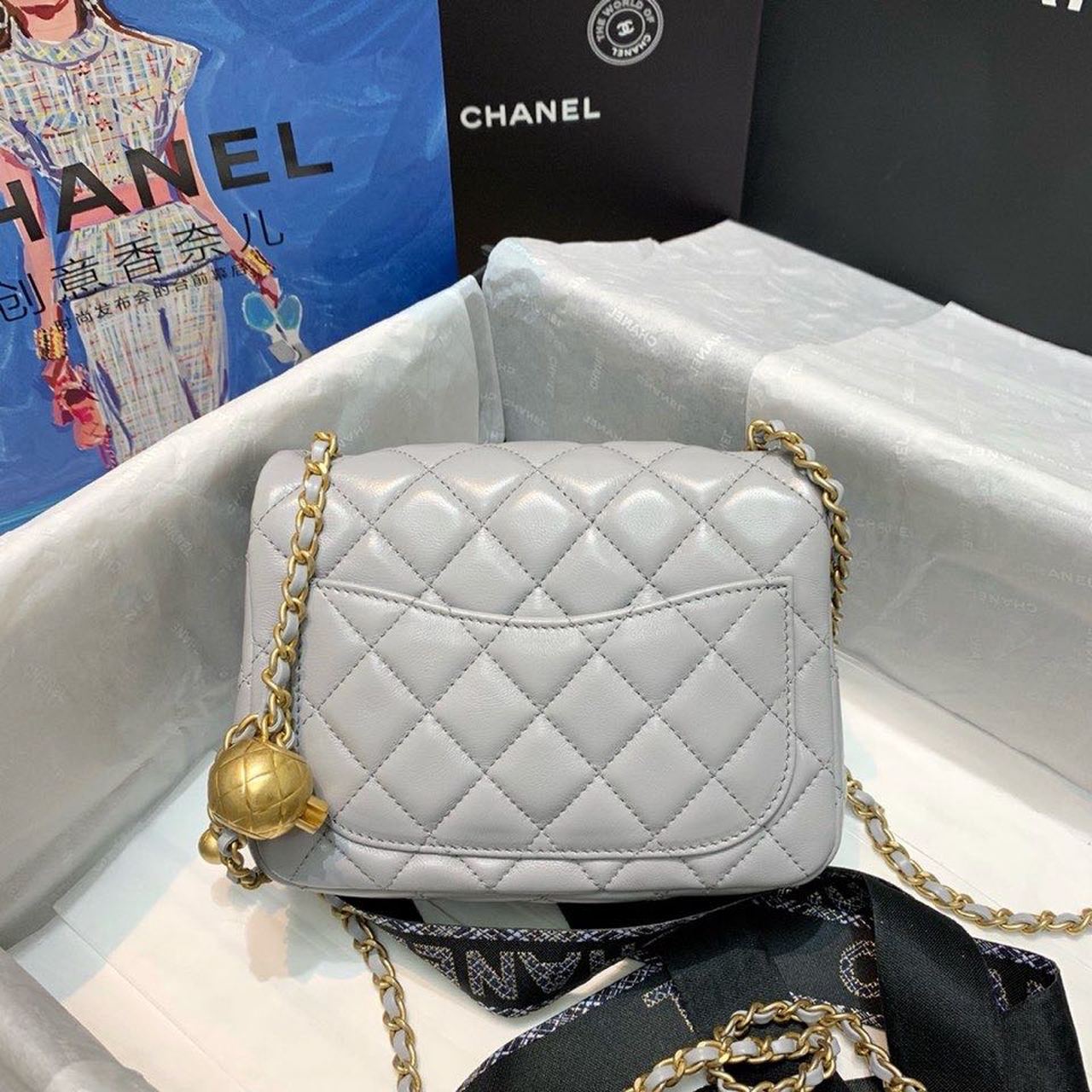 Ch**el Classic Flap With Charm Chain With CC Details On Strap Bag 17cm/7inch Gold Hardware Grey