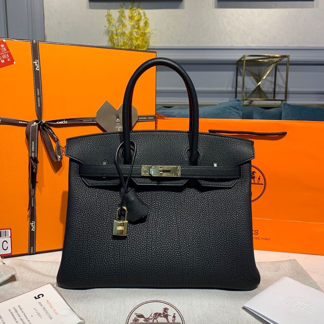 H**me5 Birkin Bag 30cm Gold Hardware Togo Leather Semi Handstitched Noir CK89
