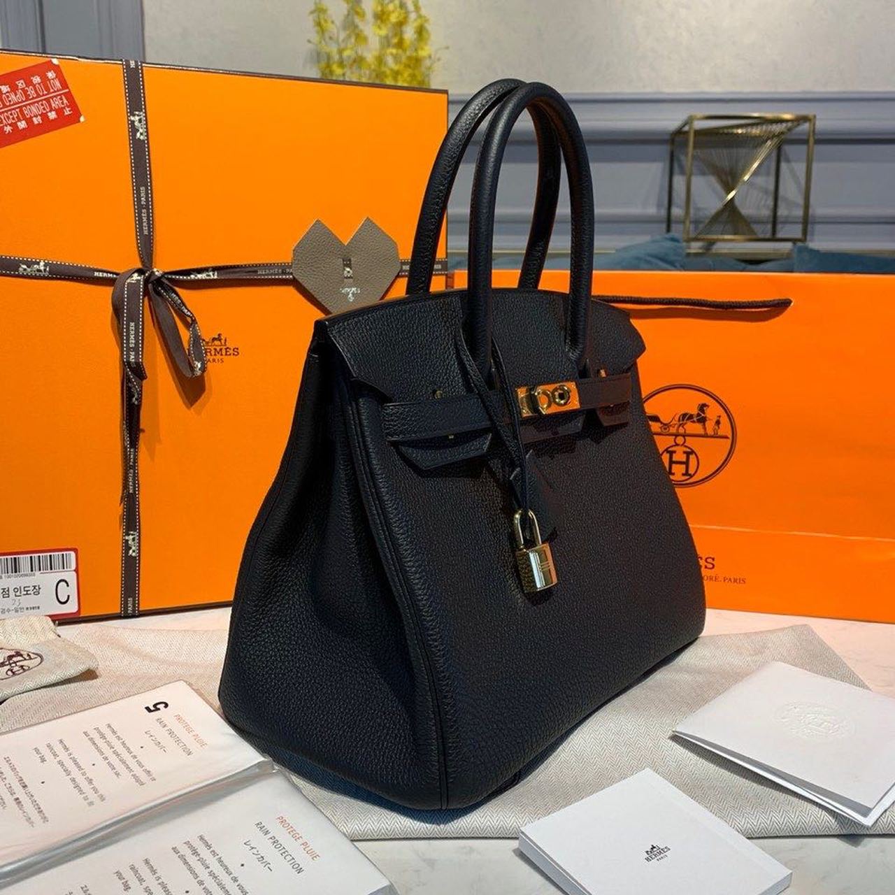H**me5 Birkin Bag 30cm Gold Hardware Togo Leather Semi Handstitched Noir CK89