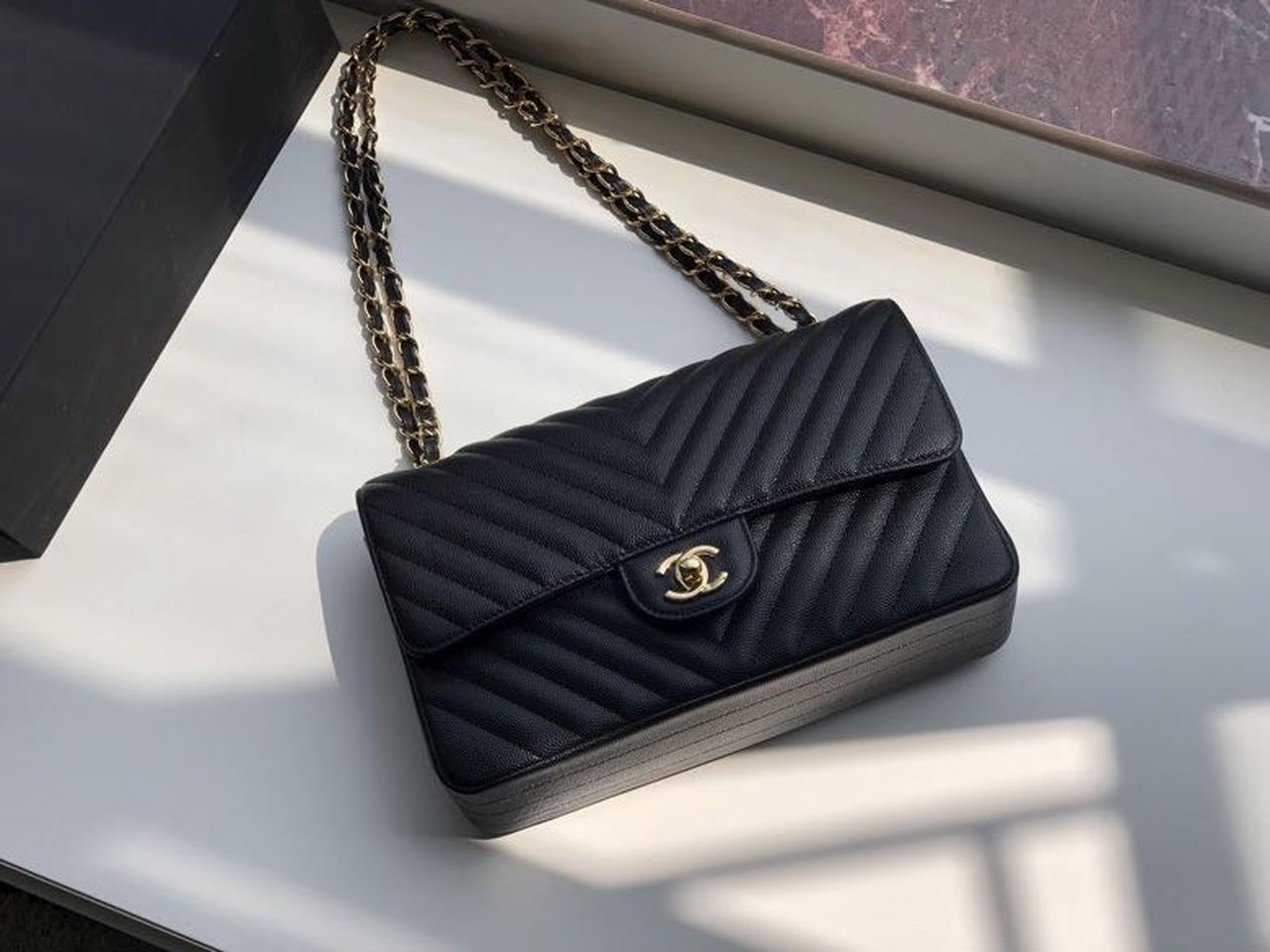 Ch**el Chevron Classic Handbag Gold Toned Hardware Black For Women, Women’s Bags, Shoulder And Crossbody Bags 10.2in/26cm