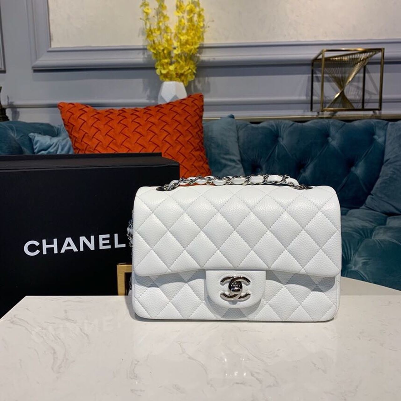 Ch**el Small Classic Handbag Silver Hardware White For Women, Women’s Bags, Shoulder And Crossbody Bags 7.9in/20cm A01113