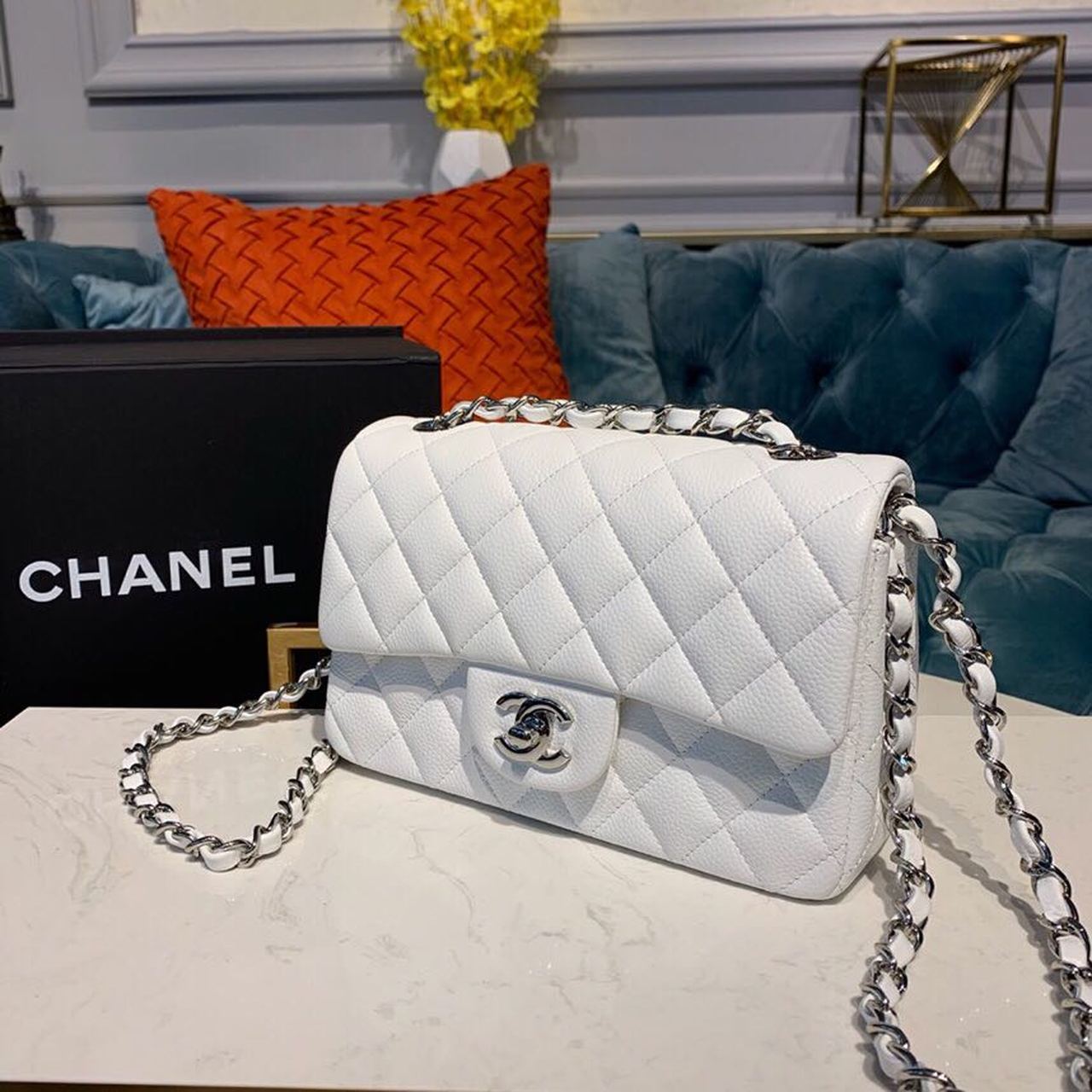 Ch**el Small Classic Handbag Silver Hardware White For Women, Women’s Bags, Shoulder And Crossbody Bags 7.9in/20cm A01113