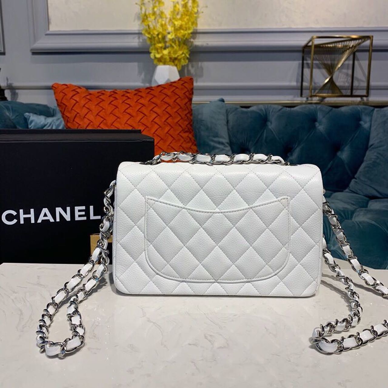 Ch**el Small Classic Handbag Silver Hardware White For Women, Women’s Bags, Shoulder And Crossbody Bags 7.9in/20cm A01113