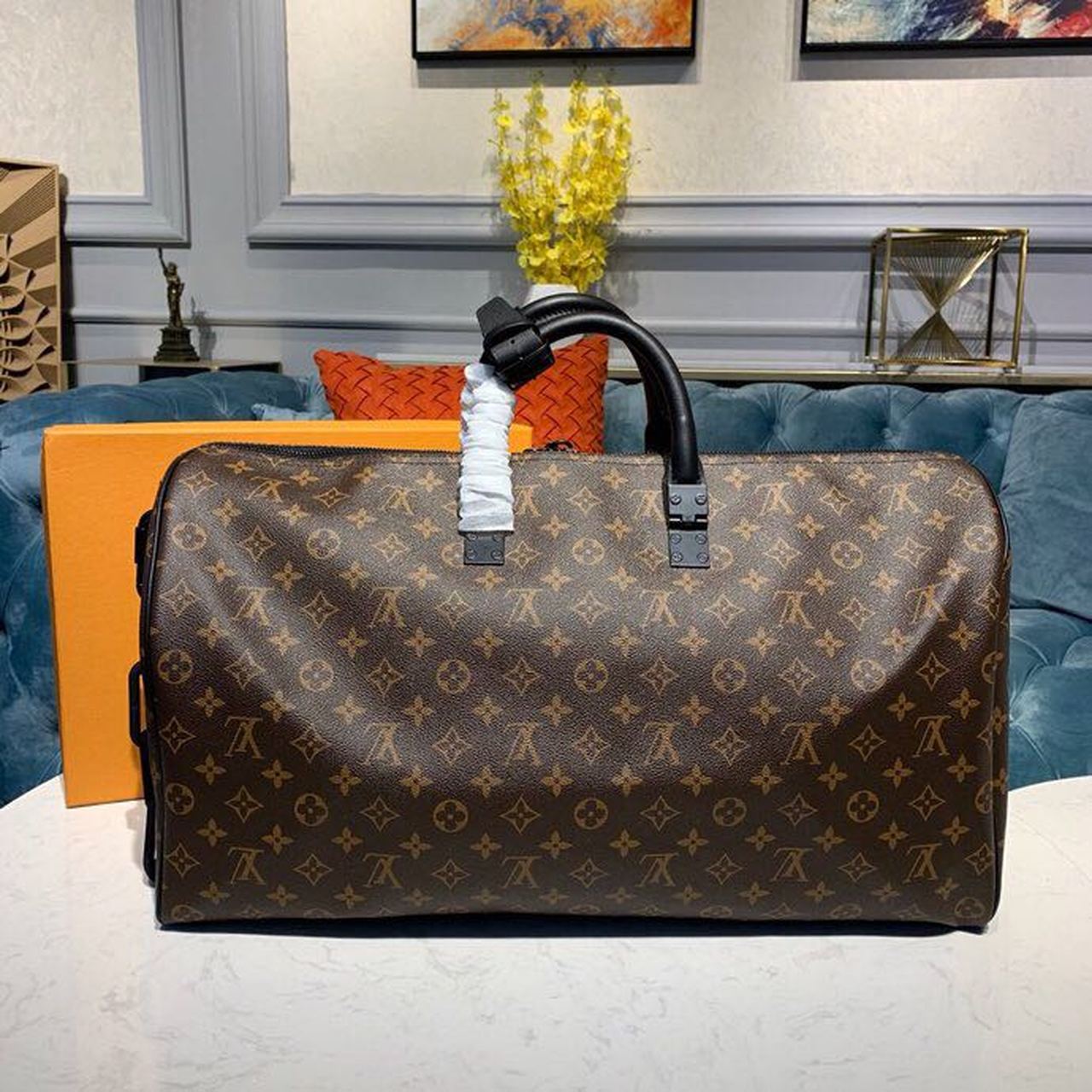 L0vis Vvtt0n Keepall Bandouliere 50 Monogram Solar Ray Canvas Black/Orange By Virgil Abloh 19.7in/50cm LV M44471