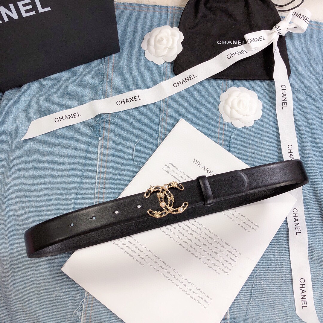 Ch**el Belt With Double C Buckle Black Gold Toned Hardware Women Belt