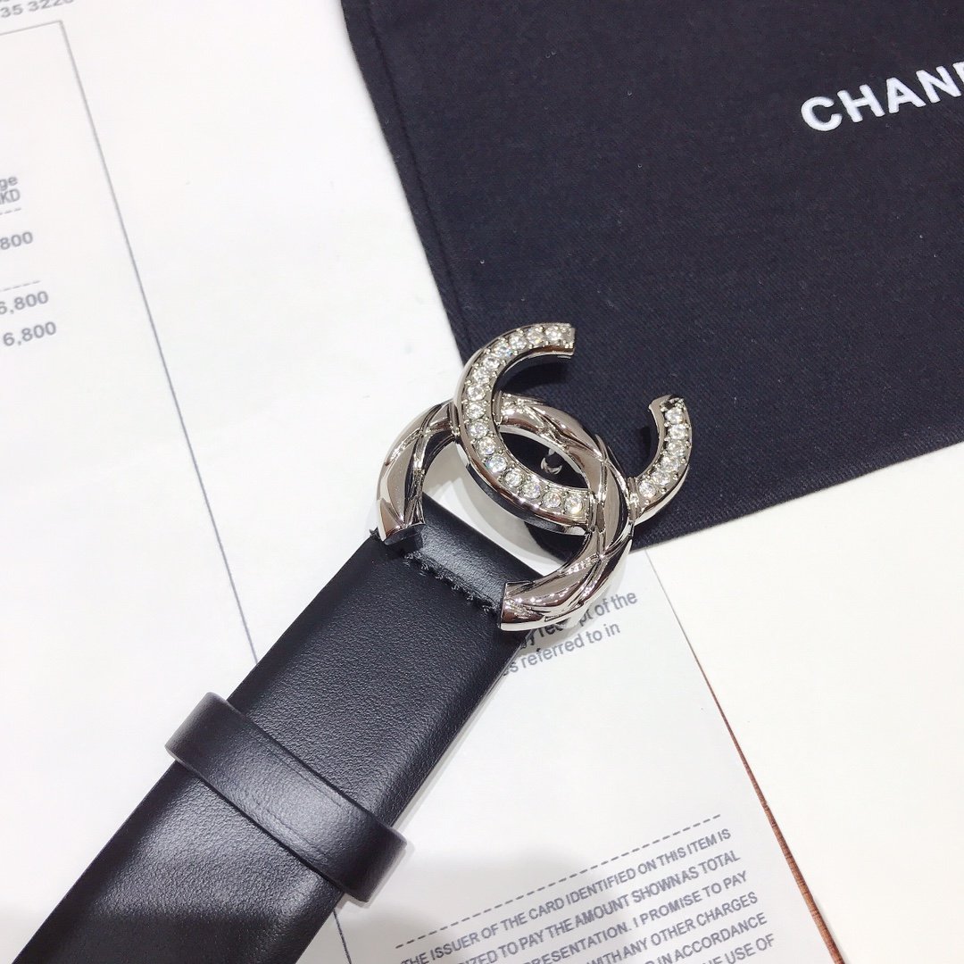 Ch**el Black Belt With Double C Buckle Silver-Toned Metal Women Belt