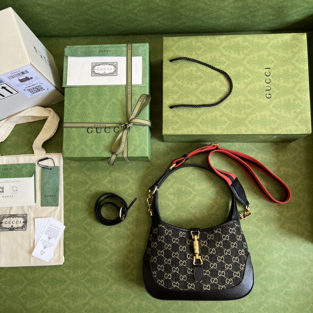 Gvc*1 Jackie 1961 Small Shoulder Bag Black And Ivory GG Denim Jacquard For Women 11in/28cm 678843 UN3AG 1294