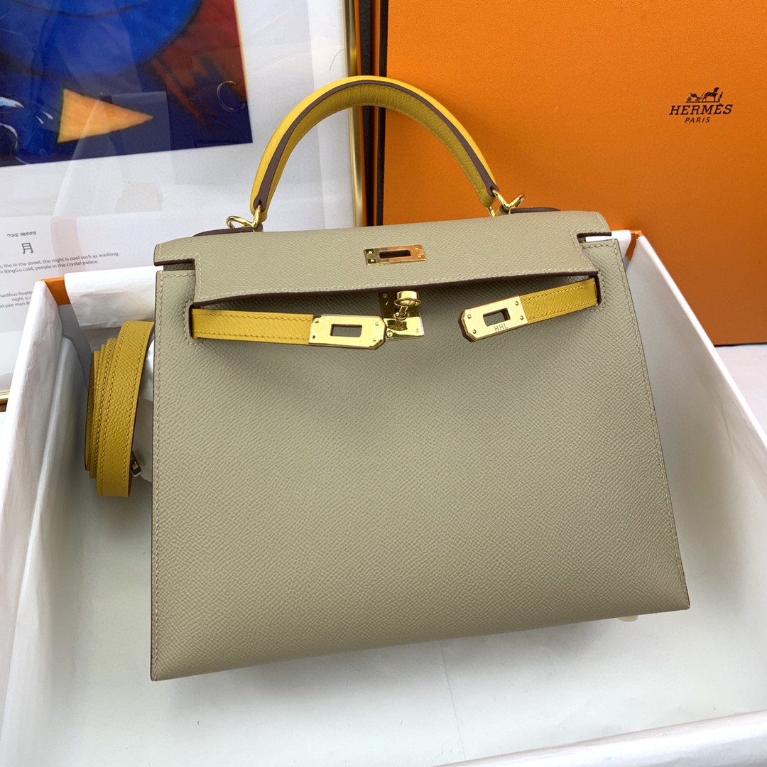 H**me5 Kelly 25 Sellier Epsom Greige/Yellow Bag For Women, Women’s Handbags, Shoulder Bags 10in/25cm